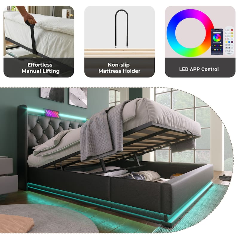 360° LED King Size Upholstered Bed with Hydraulic Lift Storage, USB Charging Ports, Remote & App Control