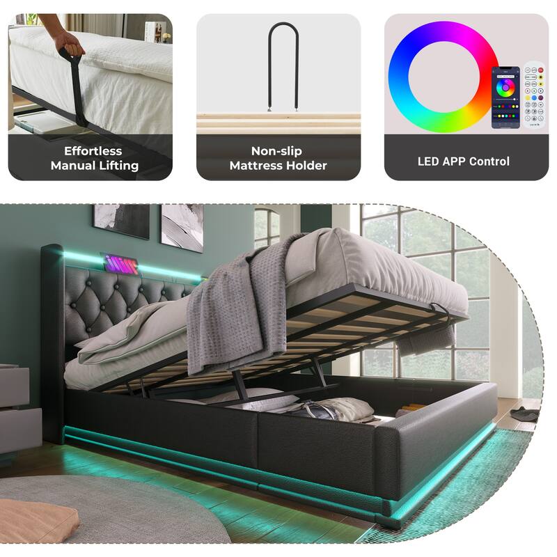 King Size Platform Bed Underbed Storage Bed with Wingback Tufted Headboard, USB and 360 Surround LED Strip, PU Upholstered