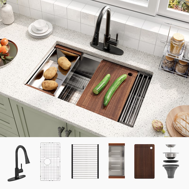 Undermount Single Bowl Nano Brushed Stainless Steel Workstation Kitchen Sink with Pull-Down Kitchen Faucet and Accessories