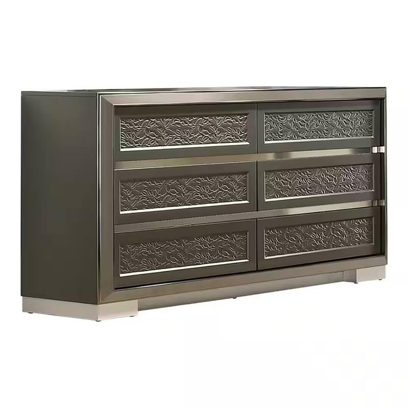 Levi 6 Drawer Wide Dresser, Dark Gray Solid Wood, Bedroom Storage