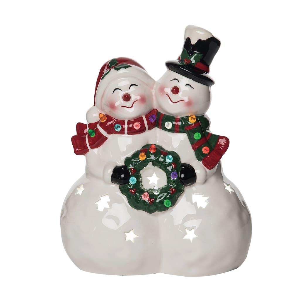 Transpac Ceramic 10.25 in. White Christmas Light Up Snow Couple