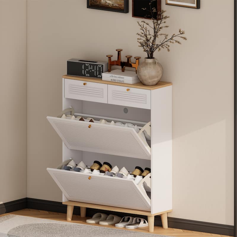 Freestanding Wood Shoe Cabinet with 2 Flip-up Doors and 2 Drawers