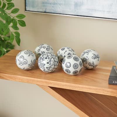 White Ceramic Handmade Glossy Decorative Ball Floral Orbs & Vase Filler with Floral and Scroll Patterns (Set of 6)