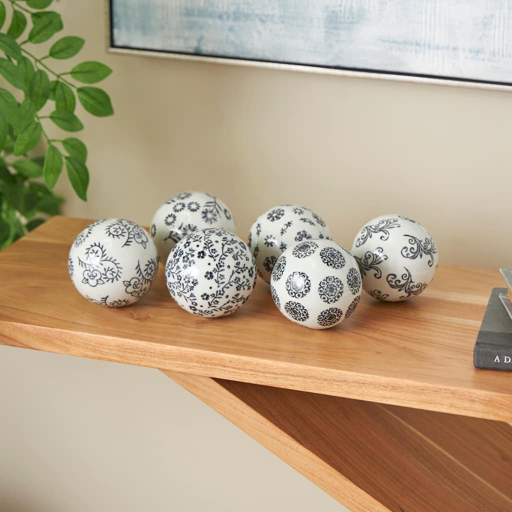 White Ceramic Handmade Glossy Decorative Ball Floral Orbs & Vase Filler with Floral and Scroll Patterns (Set of 6)