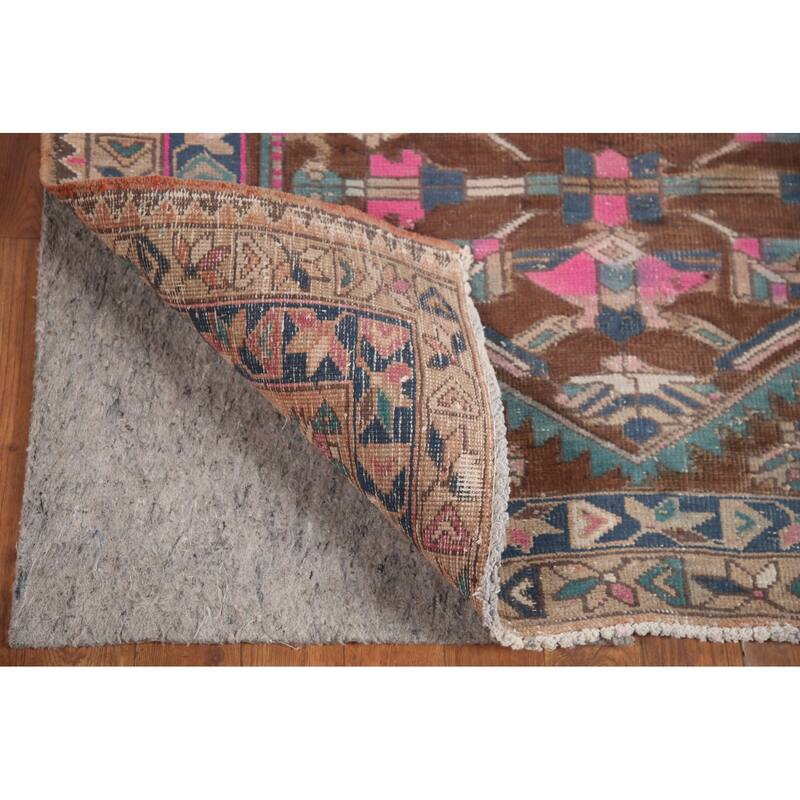 Hand Knotted Oriental 100% Wool Carpet Traditional Geometric Brown Heriz Runner Rug - 10' 11'' X 3' 9''