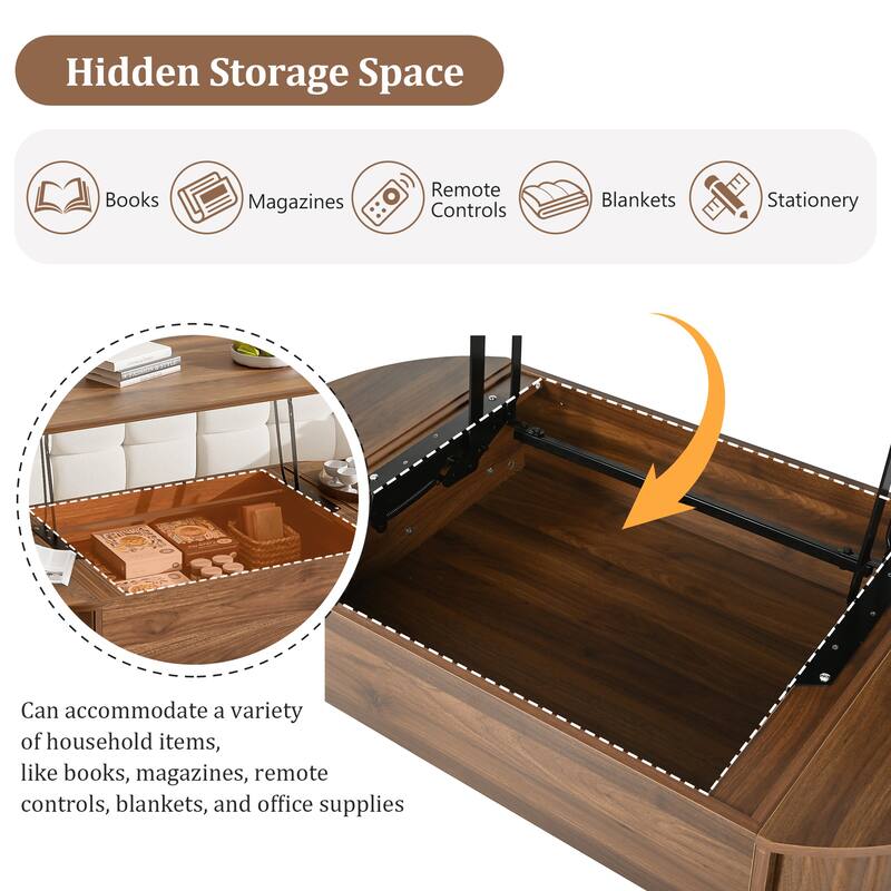 Roomfitters Oval Lift-Top Coffee Table with Hidden Compartment, Wooden Center Table with Storage, Modern Design