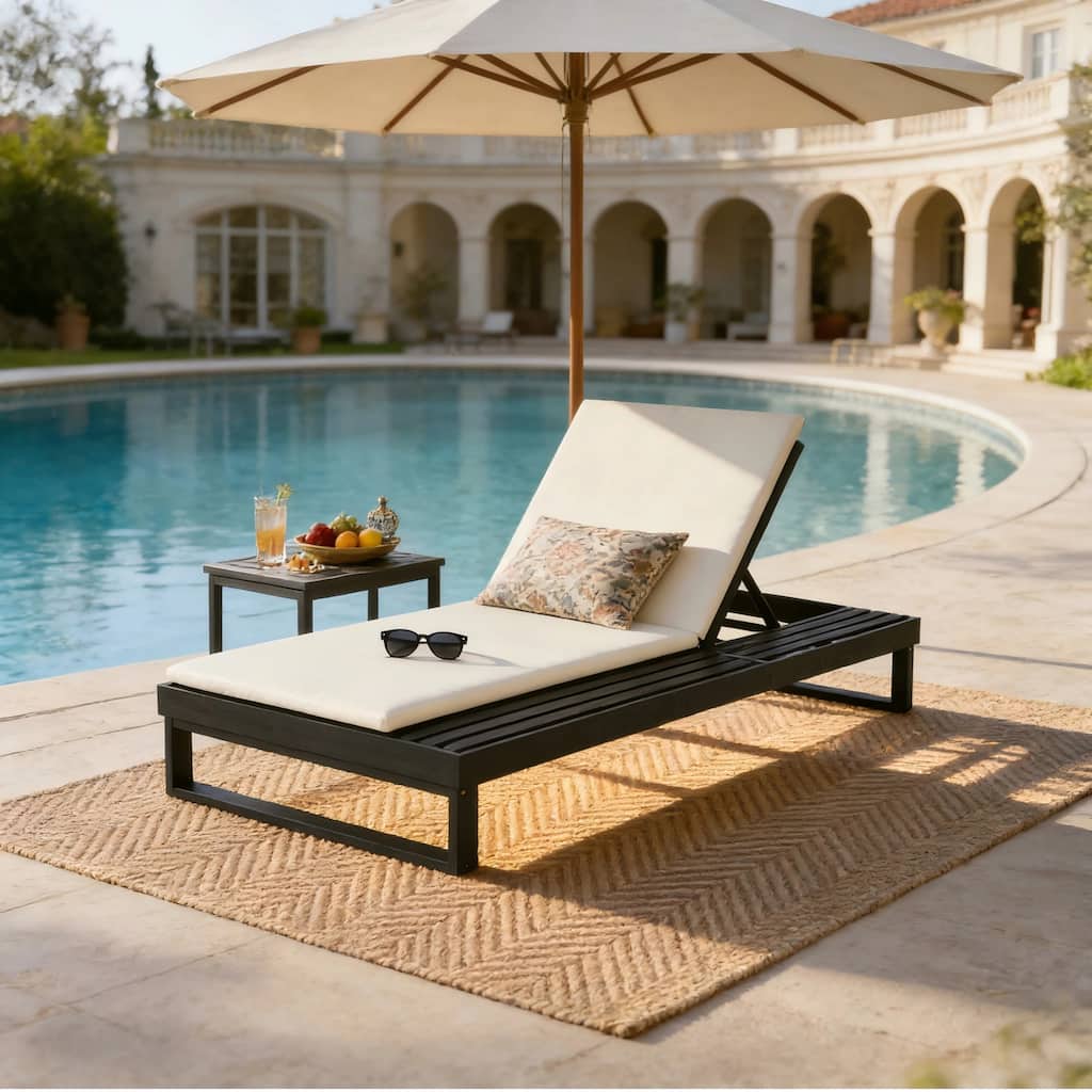 Christopher Knight Home - Modern Outdoor Acacia Wood Chaise Lounge with 4-Position Adjustable Backrest & 2-Fold Cushion