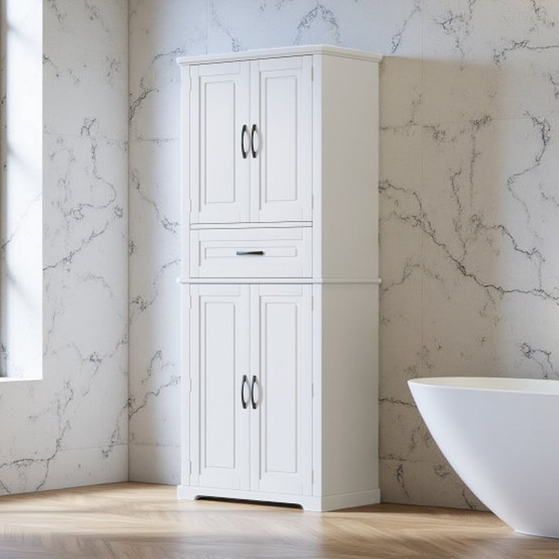 Modern Bathroom Storage Cabinet with Drawer, Adjustable Shelf & Double-Door Storage, Metal Handles & Anti-Tip Safety Device