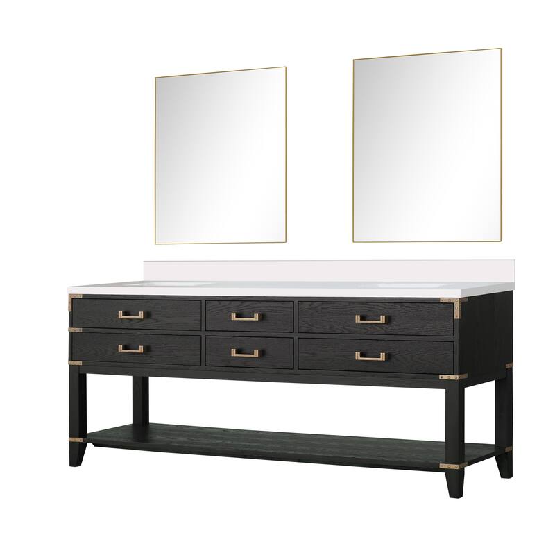 Norwalk 60 in W x 22 in D Black Oak Double Bath Vanity, White Quartz Top, and 28 in Mirrors