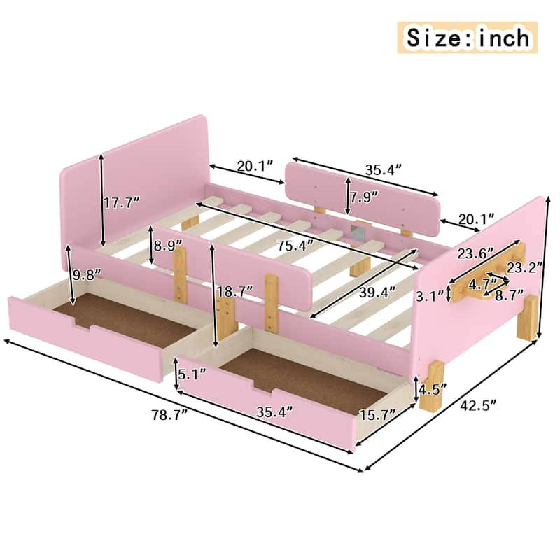 Full/Twin Platform Bed with Storage Drawers, Guardrail & Hooks
