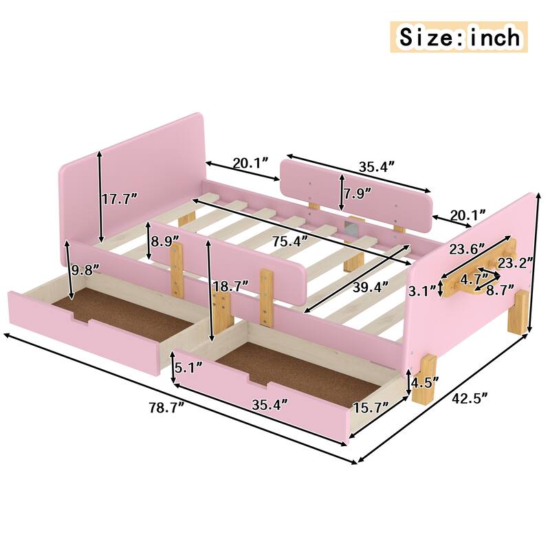 Low Profile Solid Wood Platform Bed Frame with Storage Drawers, Guardrails and Headboard, Footboard with Small Shelf and Hooks