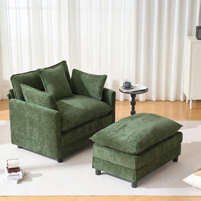 39.4" Modern Accent Chair with Ottoman, Living Room Club Chair Chenille Upholstered Armchair, Reading Chair for Bedroom