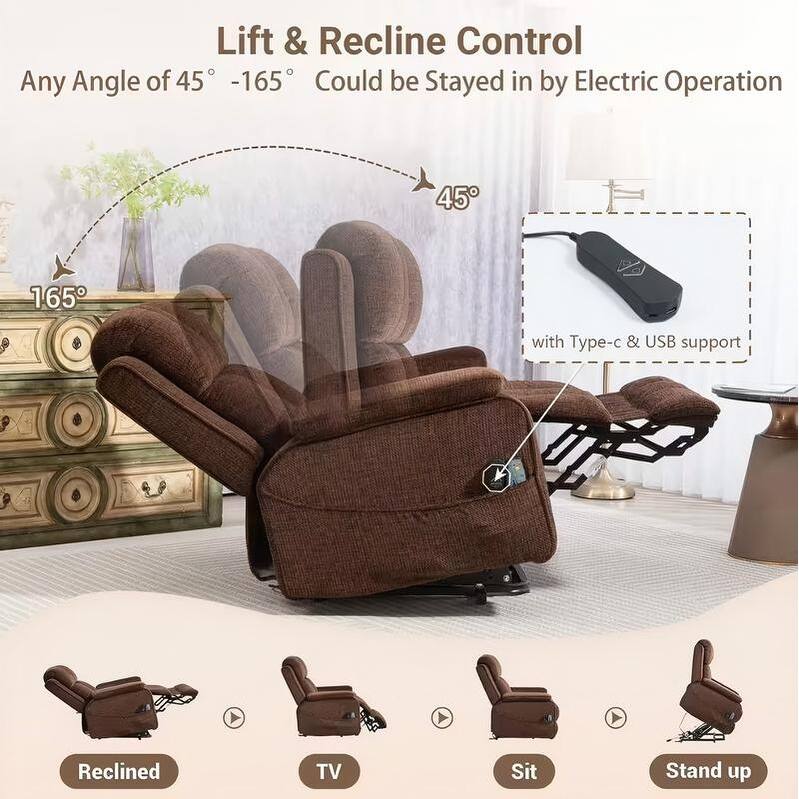 Power Lift Recliner with Extended Footrest,Overstuffed Chenille Dual Motor Recliners with Heat/Message,USB Type C Charging