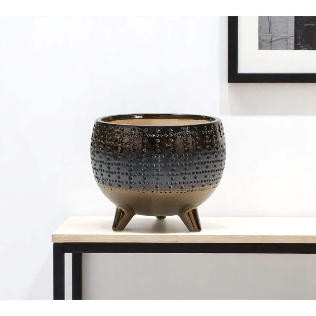 HomeRoots Antiqued Bronze And Pewter Clay 7 Ounce Geometric Pot Planter - 6.50 in. x 6.00 in. x 6.50 in.