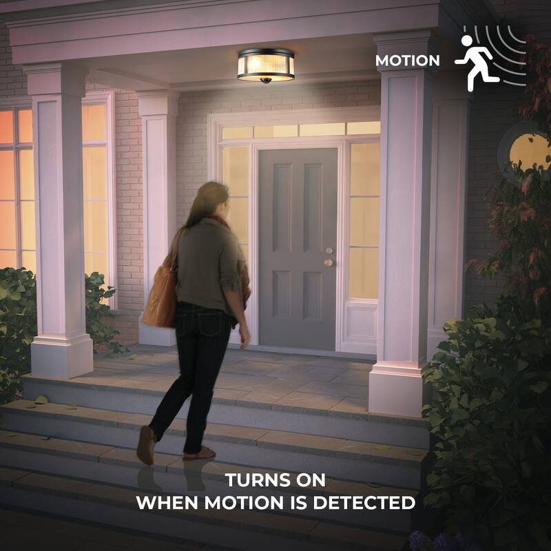 2-Light Matte Black Motion Activated Outdoor Flush Mount Ceiling Light with Ribbed Glass Shade and Frosted Glass Lens - 11"