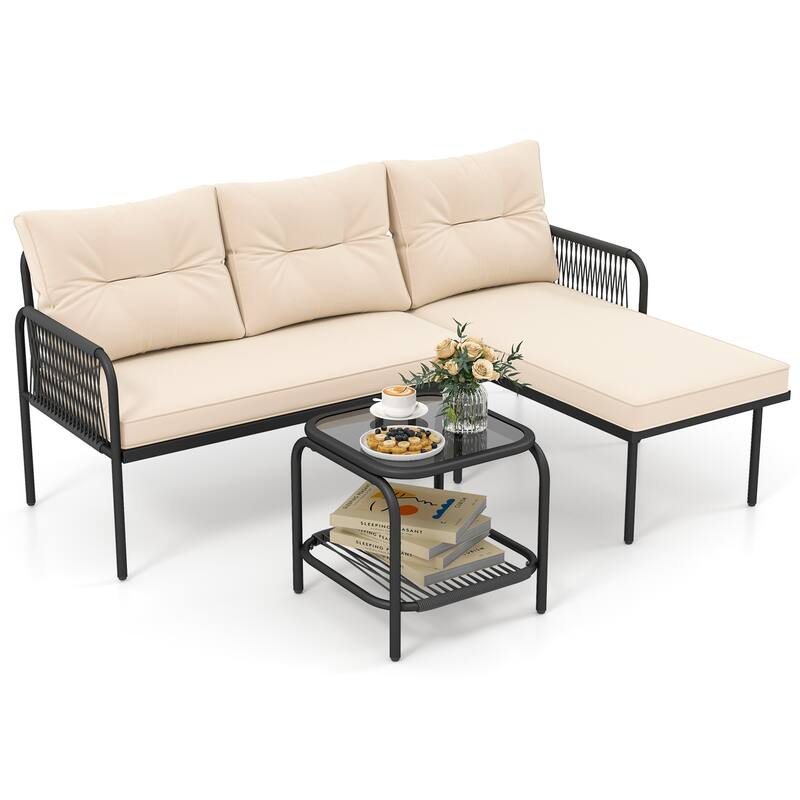 Gymax 3-Piece L Shaped Patio Furniture Set w/Tempered Glass Table Back