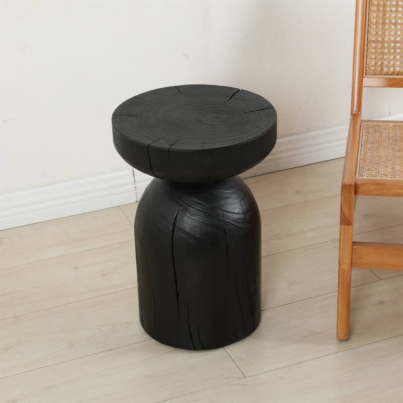 Solid Mango Wood Side End Table in Black, 17.7 inch Round Contemporary Wooden Accent Table, Small Round Plant Stand