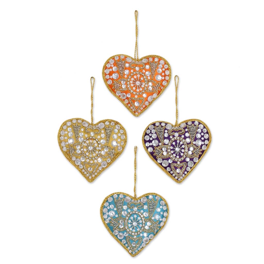 Handmade Colorful Hearts Beaded Ornaments, Set of 4 (India)