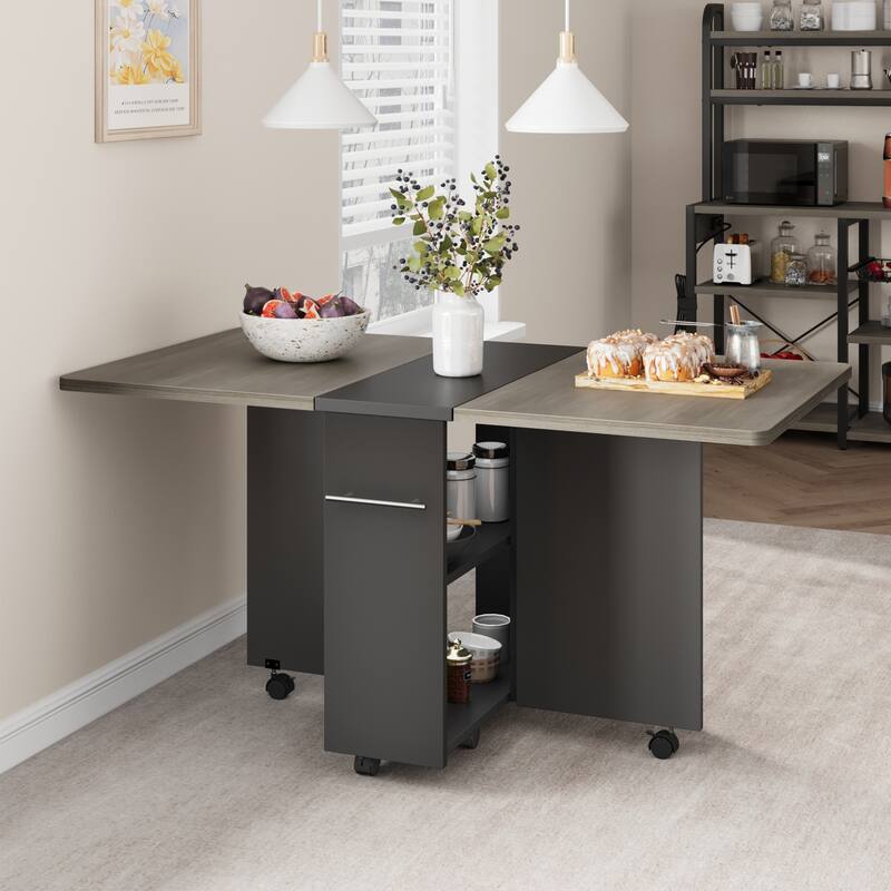 Folding Dining Table with 2 Tier Storage, Extendable Kitchen Table