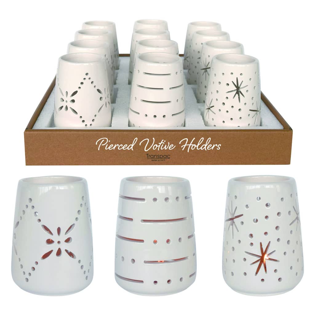 Transpac Dolomite 4 in. Off-White Everyday Candle Holders Pierced in PDQ Set of 12