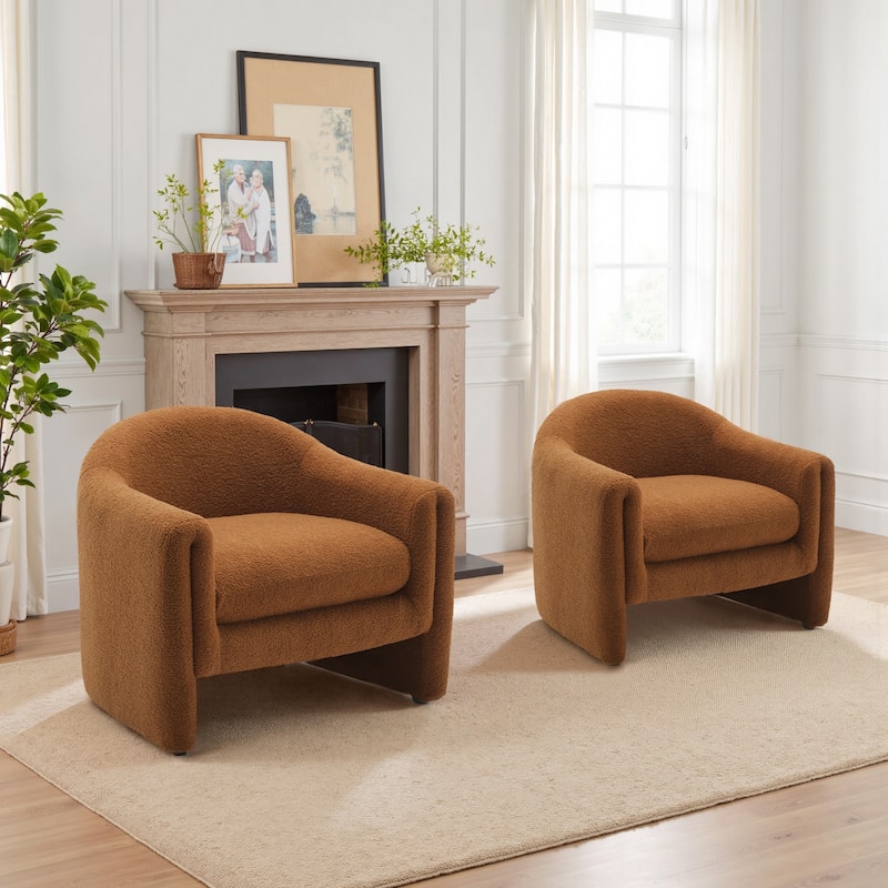 2 Set Modern Upholstered Barrel Accent Chair - Rusted Orange Boucle