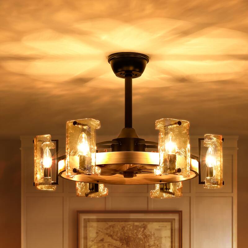 26.4 in. 6-Light Farmhouse Wood Finish Drum Ceiling Fan with Amber Glass Shades and Remote Control - 26.38 in. W x 7.87 in. H