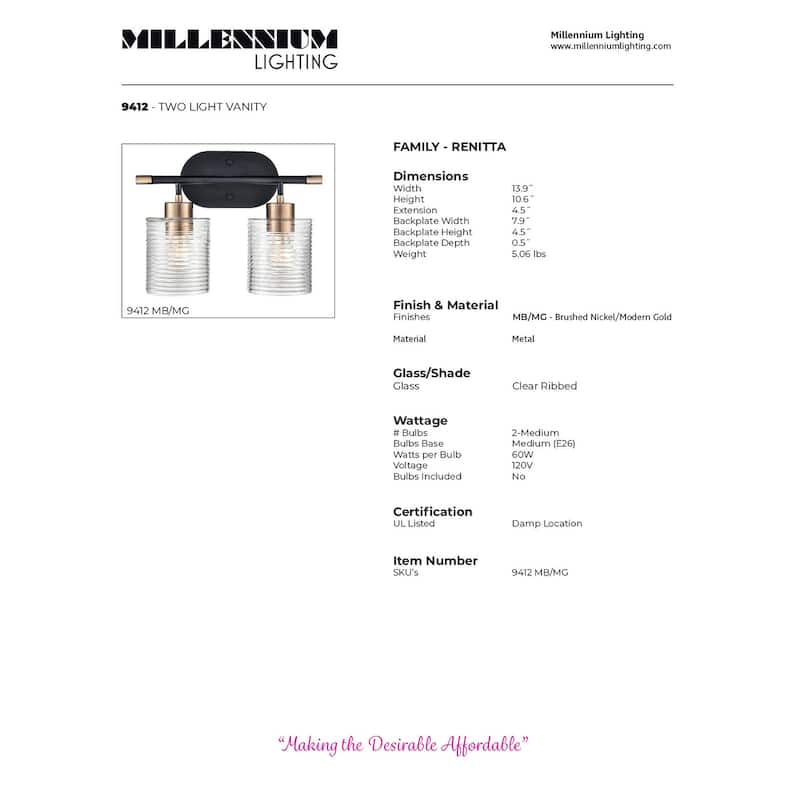 Millennium Lighting Renitta Vanity Light Fixture with Clear Ribbed Glass Shades