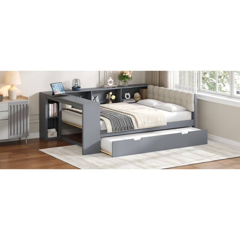 Roomfitters Twin/Full Wood Platform Bed with Trundle, Charging Station and Upholstered Headboard