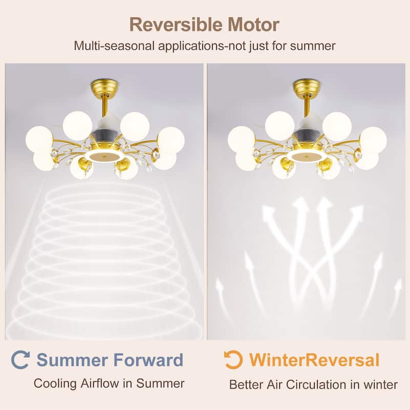 31in. Indoor Gold Modern Ceiling Fan with Light, Reversible Fandelier with Light Bulbs and Remote for Living Room