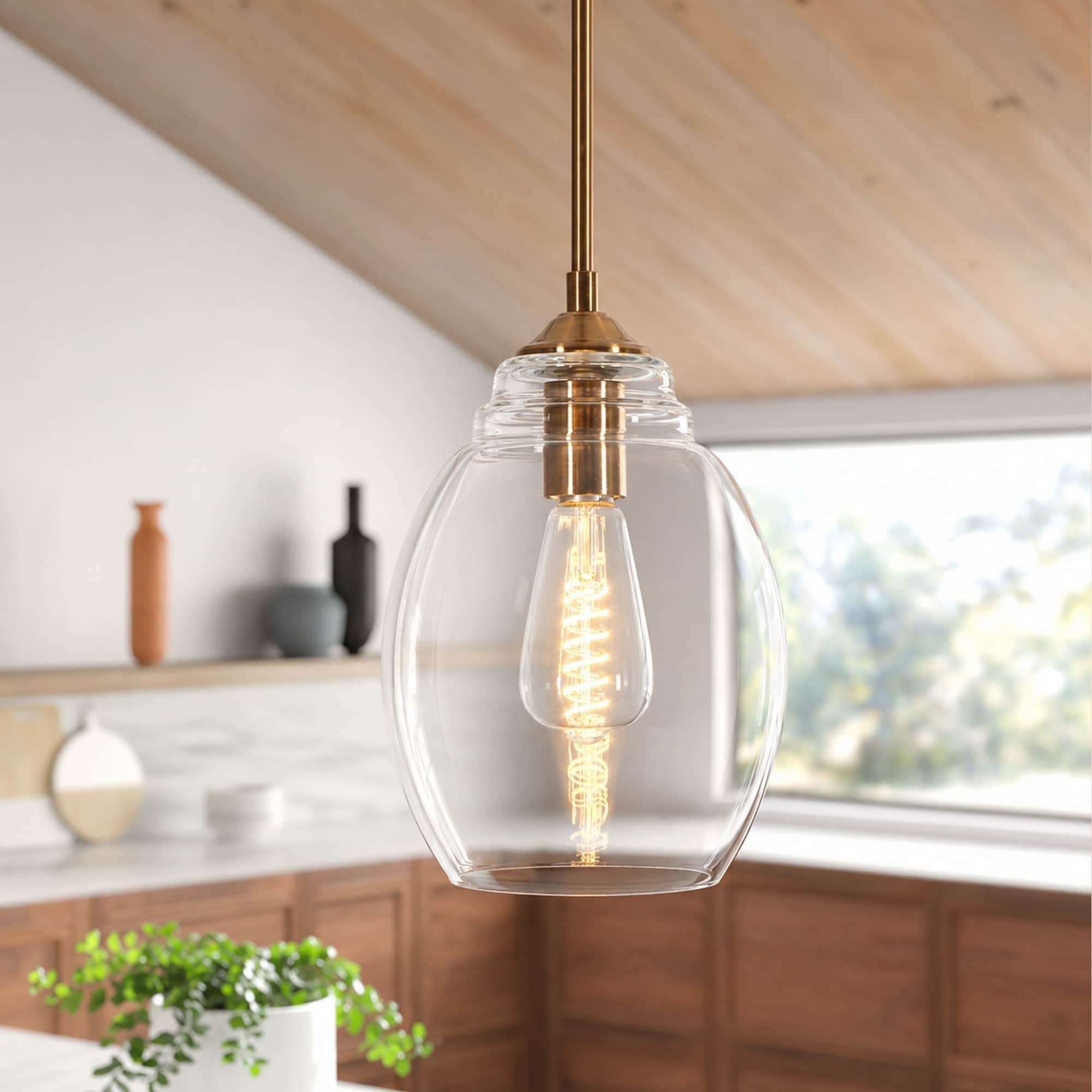 Modern Farmhouse 1-Light Bell Shaped Clear Glass Pendant Adjustable Glam Brass Kitchen Bar Light - D 8'' x H 12''