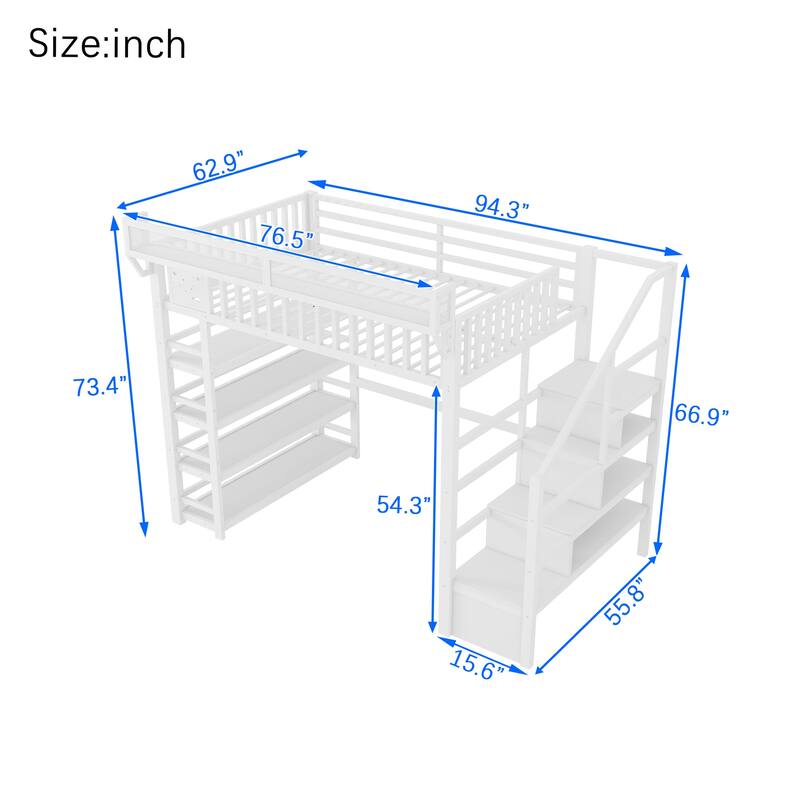 Full Size Metal Loft Bed with Charging Station and 4-Shelf Storage, Kids & Teens Loft Bed with Storage Stairs