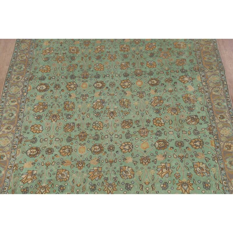 Hand Knotted Oriental 100% Wool Carpet Traditional All-Over Green Tabriz Area Rug - 10' 10'' X 8' 7''