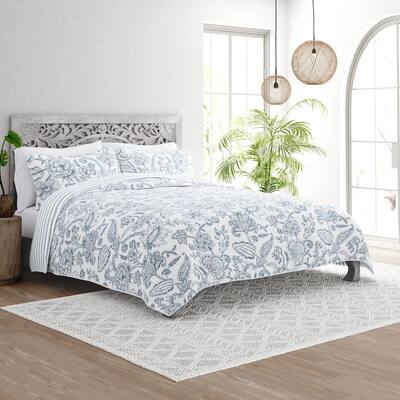 Soft Essentials All Season 3 Piece Jacobean/Stripe Reversible Quilt Set with Shams