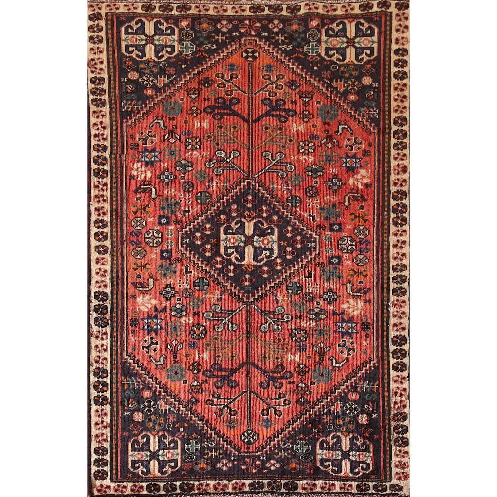 Geometric Shiraz Persian Vintage Area Rug Hand-knotted Wool Carpet - 3'2"x 4'11"