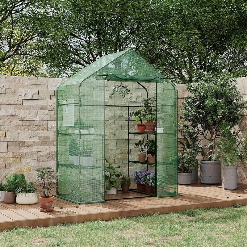 29" D Greenhouses for Outdoors with 2 Mesh Windows & 1 Roll-Up Zipper Door - Metal
