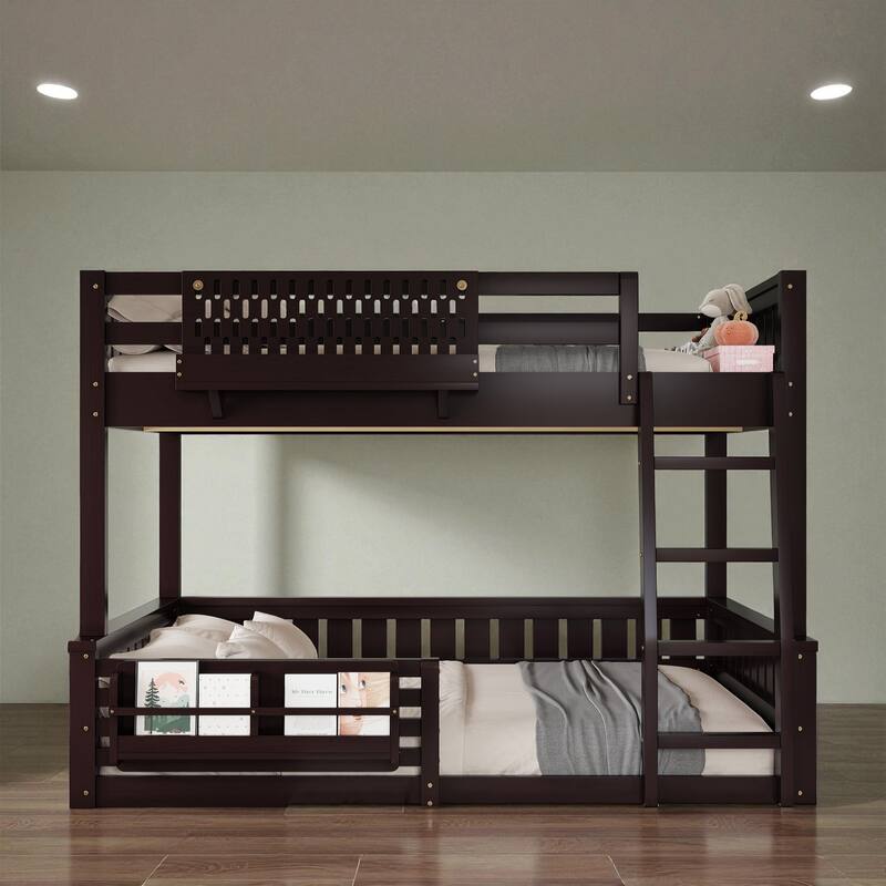 Full XL over Queen / Full over Queen Bunk Bed with Ladder, Guardrails, Pegboard & Built-In Bookshelf, Solid Wood Frame - Espresso - Queen