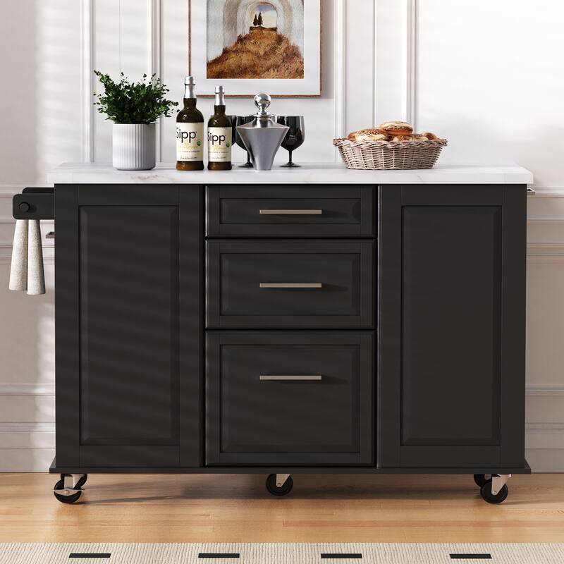 50.7" Rolling Kitchen Island - Drop Leaf, 2 Drawers, Tilt Trash Cabinet & Organizer on 5 Wheels