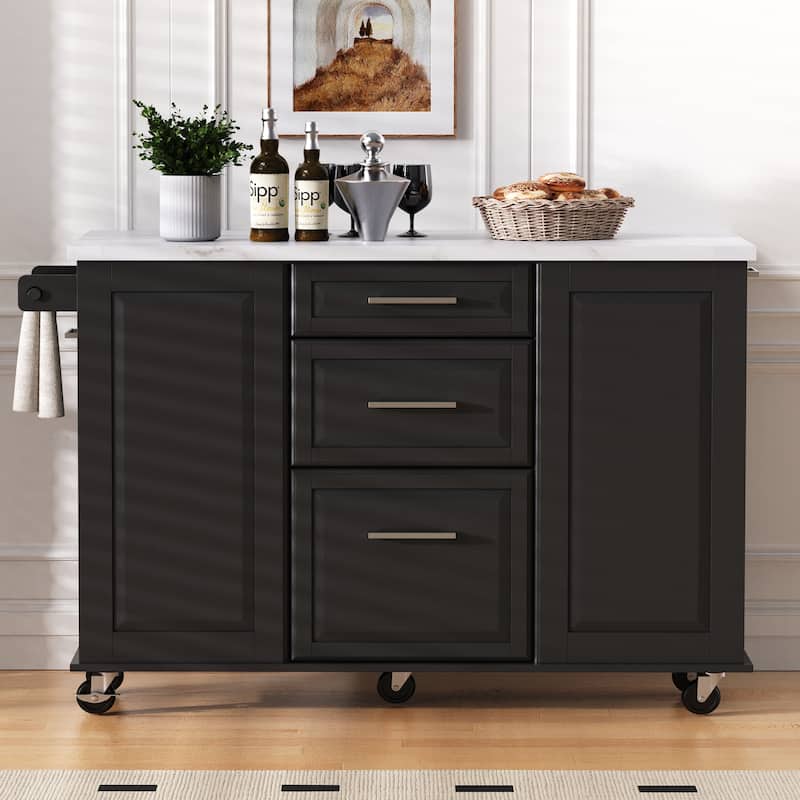 50.7"Kitchen Island with Pull Out Cabinet Organizer, Rolling Kitchen Island on 5 Wheels with Drop Leaf, 2 Drawers