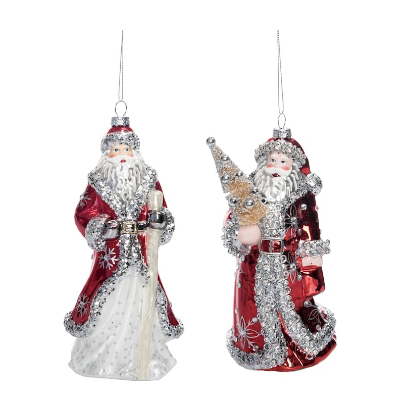 Transpac Glass Red Santa Ornament w/Bead Detail Set of 2 Christmas Home Decorations - Multicolor