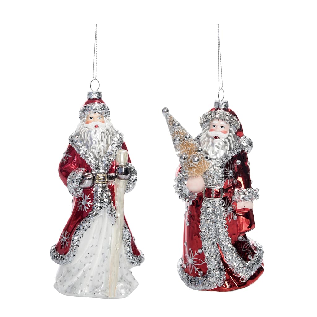 Transpac Glass Red Santa Ornament w/Bead Detail Set of 2 Christmas Home Decorations