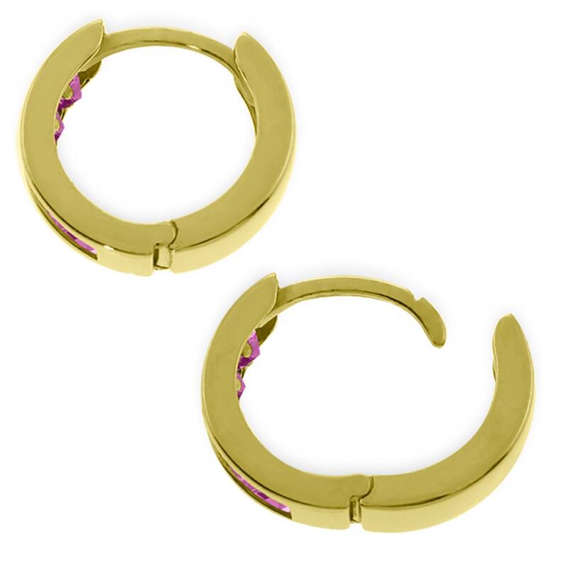 14K Solid Gold Hoop Huggie Gemstone Earrings w/ Pink Sapphires
