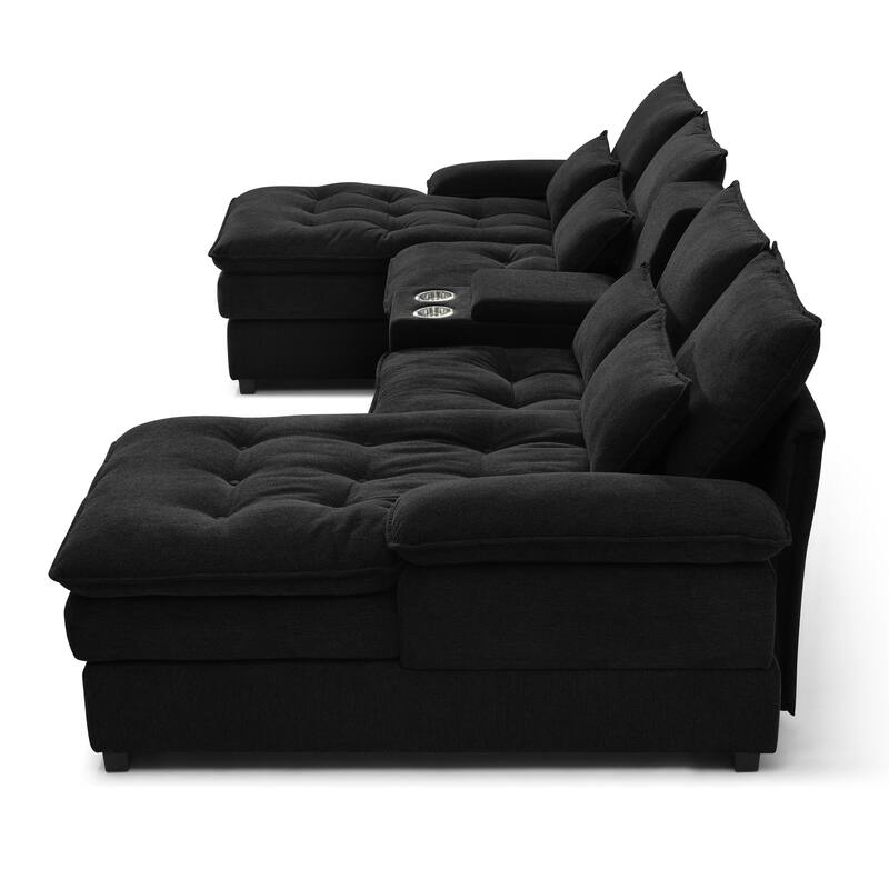 U-shaped Sectional Sofa with Chaise, Built-in Storage Console and Cup Holders, Linen Double-Layer Cushioning Lounge Couch