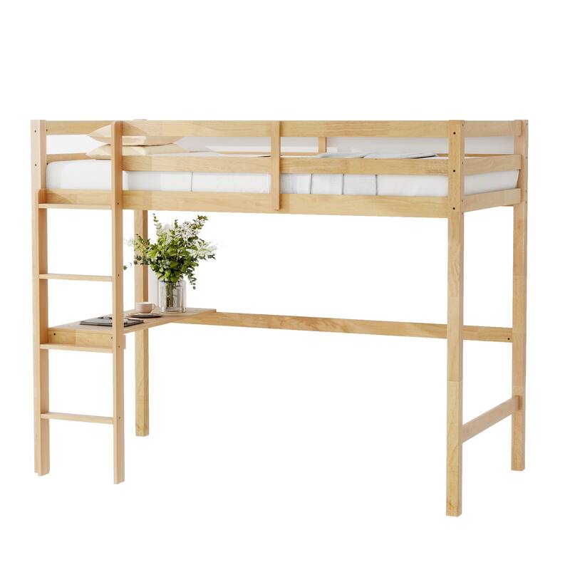 Twin High Loft Bed - Rubber Wood, Safety Guardrail, Built-in Desk & Ladder