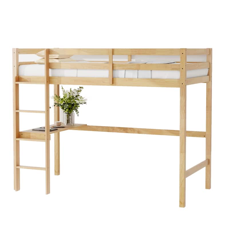 Twin Loft Bed with Built-in Desk, Safety Guardrail, and Ladder, White Oak Finish