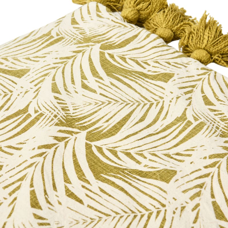 Cotton Pillow with Palm Frond Pattern & Tassels, Green and Natural