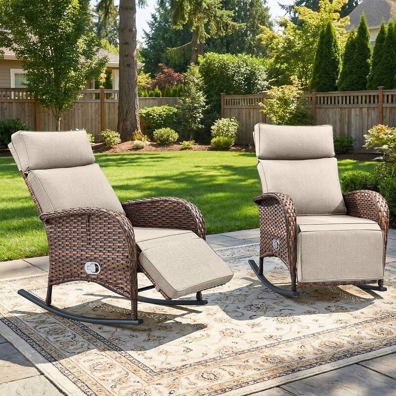 Pocassy Versatile Outdoor Recliner Rocker Chair with Side Table - Brown Wicker with Beige Cushion - 2-Piece Rocker Recliner Chair