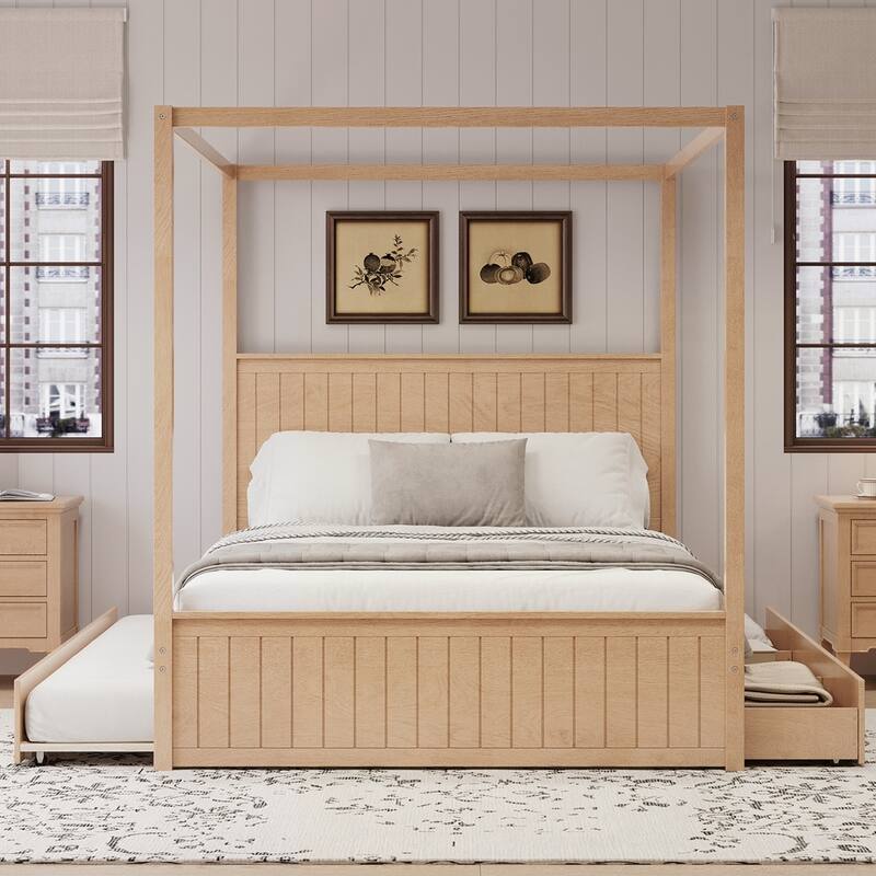 Canopy Platform Bed with Trundle and Three Storage Drawers - Natural - Queen