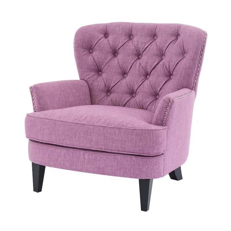 Vintage Upholstered Lounge Chair, Tufted Single Sofa Armchair with Nailhead Trim, Wood Legs, Curved Backrest for Bedroom, Office