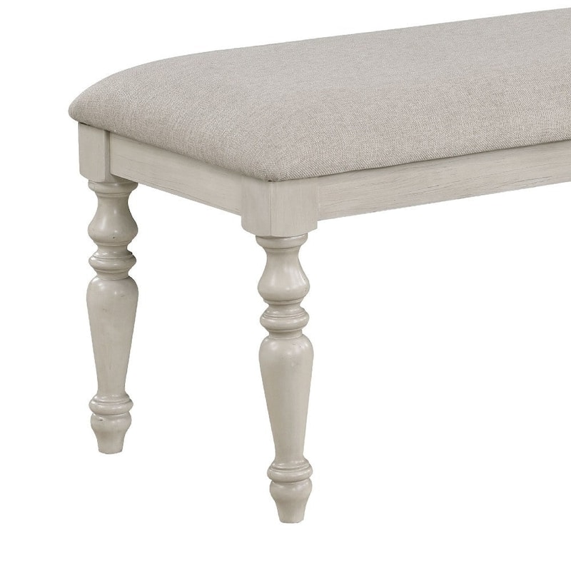 Katherine 48 Inch Bench with Fabric Seat and Turned Legs, White - 48 L X 17 W X 19.5 H Inches