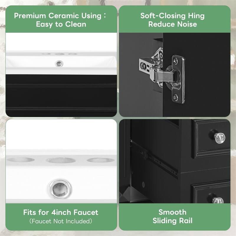 24" Bathroom Vanity with Ceramic Sink with 2 Drawers and Adjustable Shelf